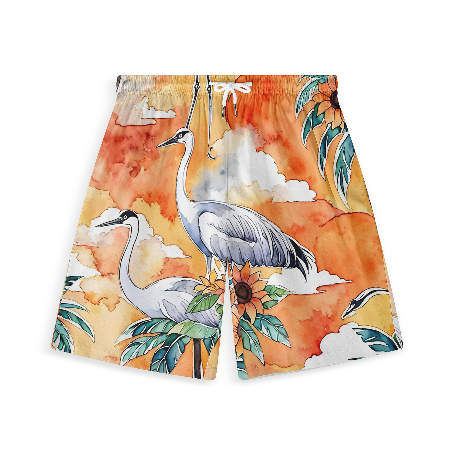 A pair of shorts featuring a vibrant design with cranes standing amidst tropical foliage, including large green leaves and sunflowers. The background is an orange and yellow sunset sky with soft clouds, creating a warm and serene atmosphere.