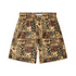 A pair of shorts featuring a patchwork design with various ethnic and tribal-inspired patterns in shades of brown, beige, and black. The patterns include abstract shapes, animals, and botanical elements, creating a rich and intricate look reminiscent of traditional art.