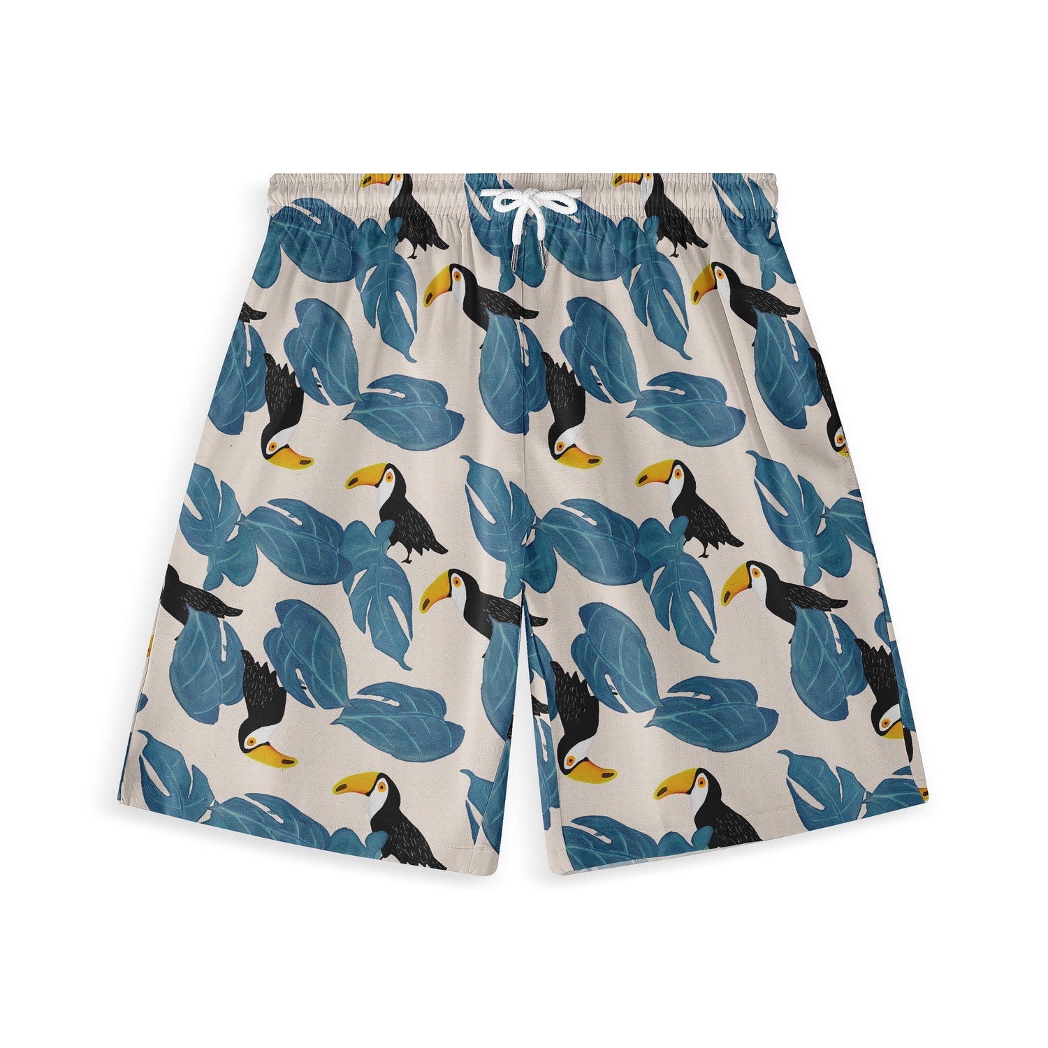 Shorts with a light beige background featuring blue leaves and toucans, embodying a tropical vibe.