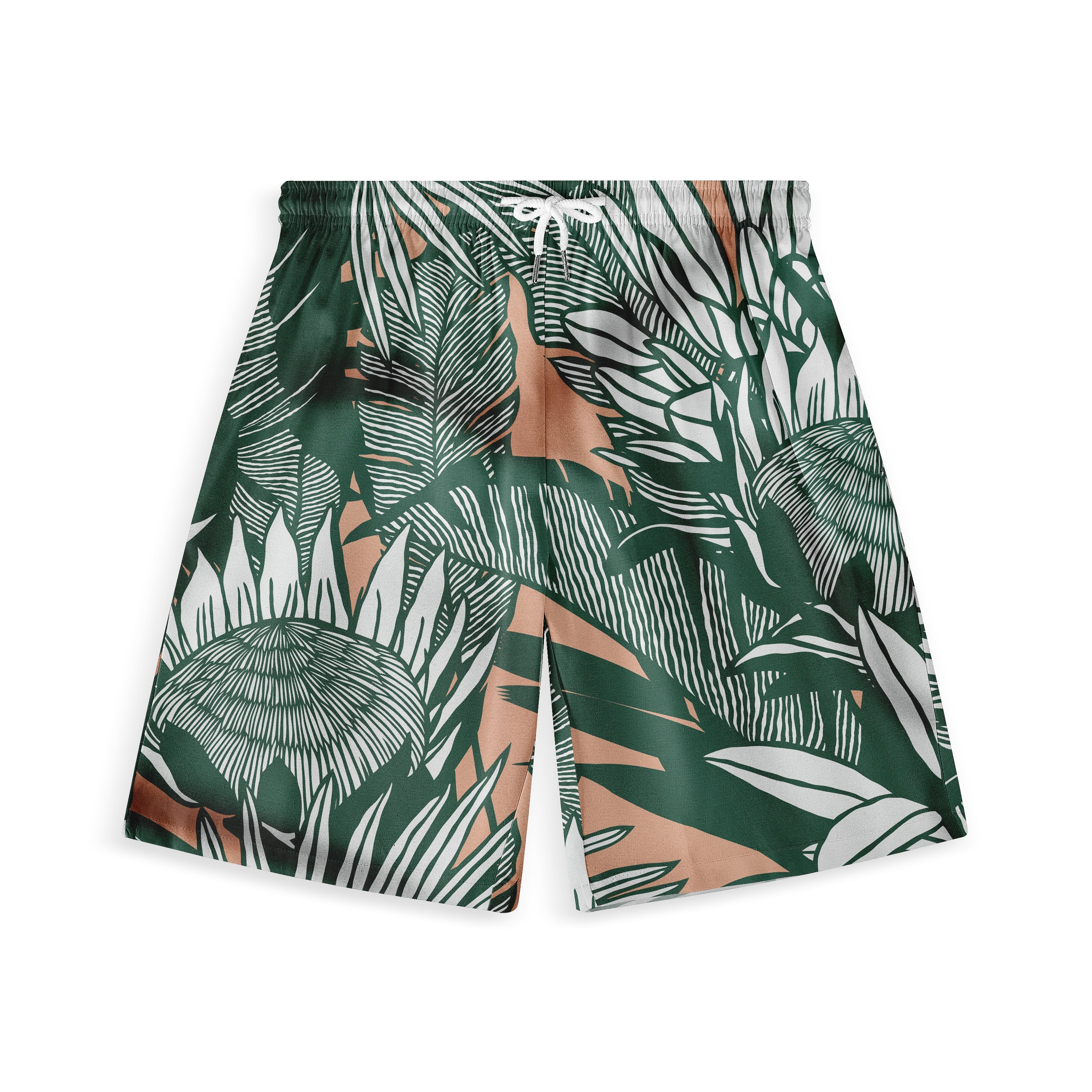 A pair of shorts featuring a vibrant tropical design with lush green leaves and white accents on a beige background, evoking a sense of nature and adventure.