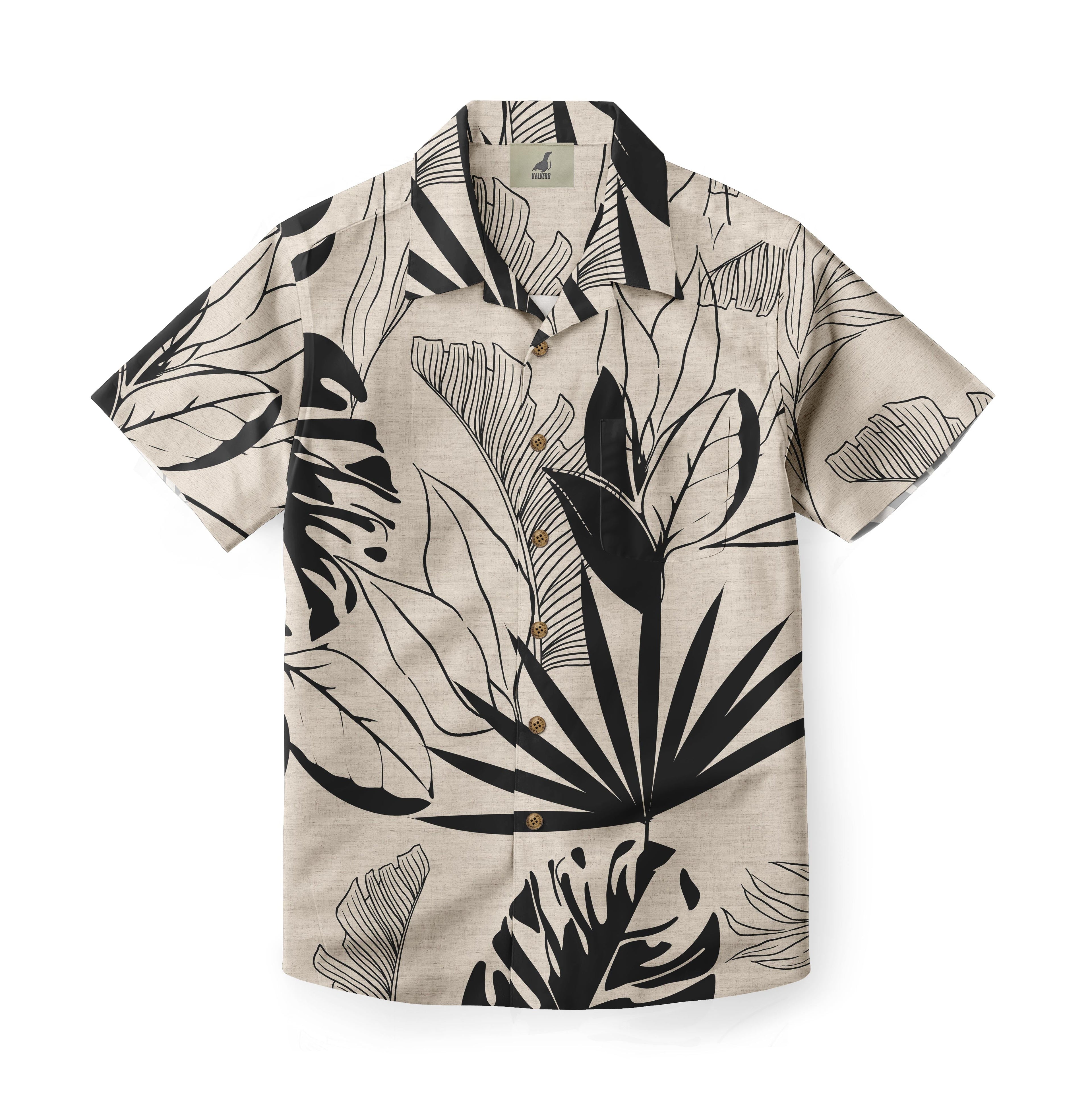 Shirt featuring a bold monochrome tropical design with black, stylized leaves against a beige background, creating a striking, contemporary look.