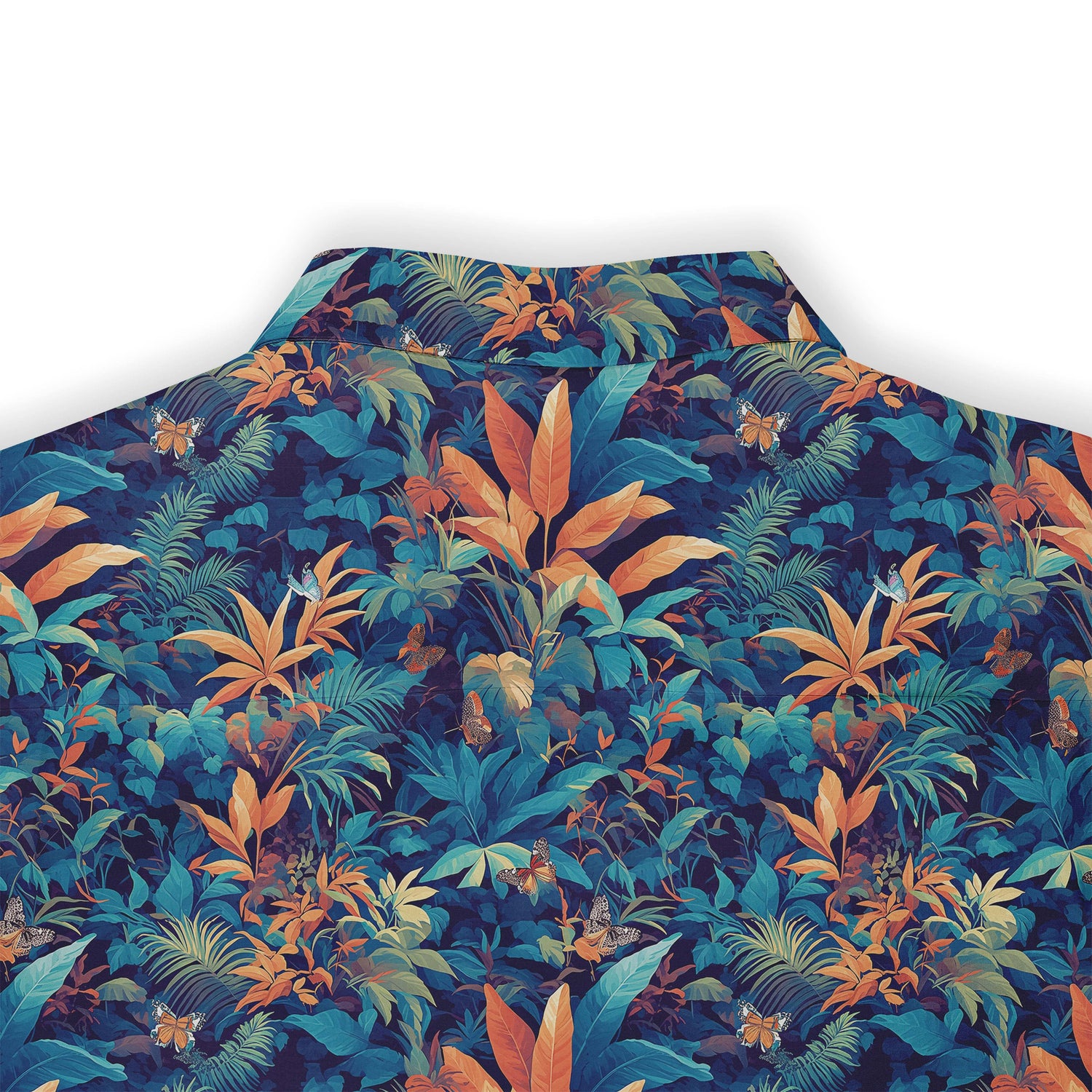 Dark teal shirt with vibrant tropical flowers and foliage, evoking a tropical paradise back view