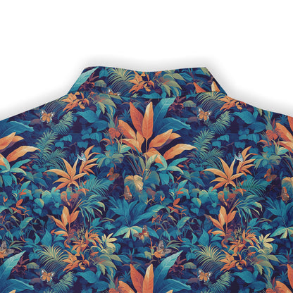 Dark teal shirt with vibrant tropical flowers and foliage, evoking a tropical paradise back view