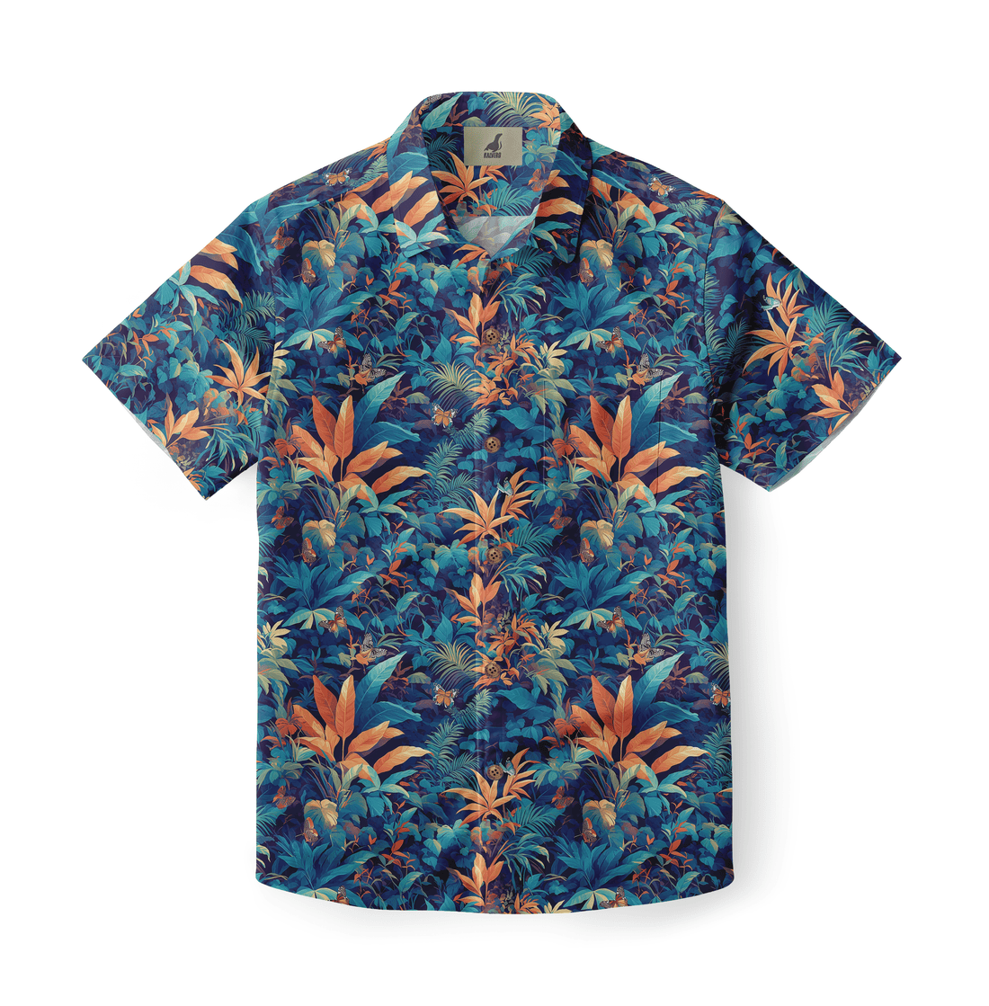 Dark teal shirt with vibrant tropical flowers and foliage, evoking a tropical paradise.