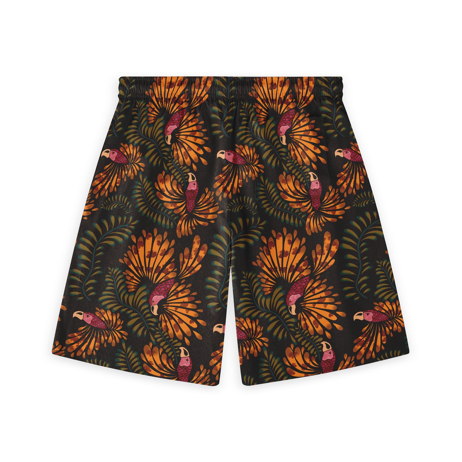 Dark shorts featuring a bold tropical pattern with orange leaves and colorful parrots, creating a vibrant and exotic look.