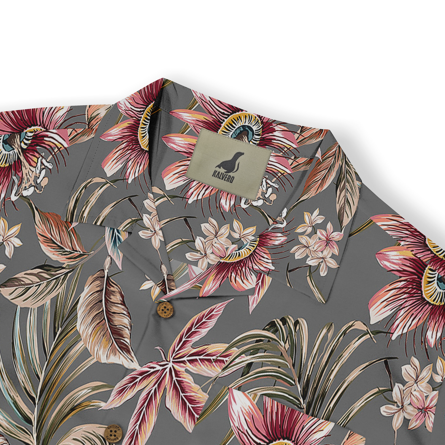 This gray shirt features a detailed tropical floral pattern, with vibrant flowers and leaves creating a stylish and elegant look.