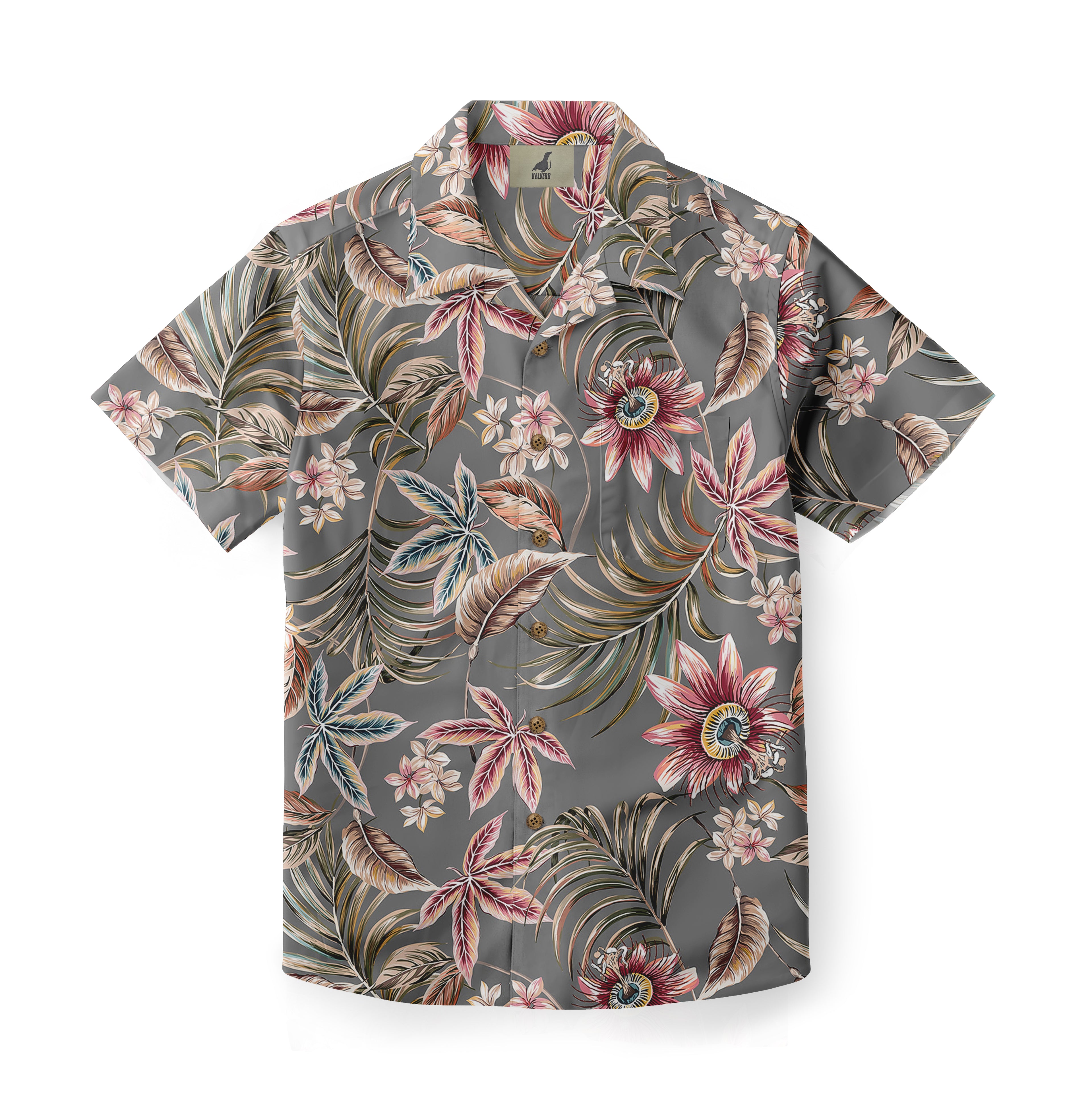 This is a gray shirt with a detailed floral pattern, featuring tropical flowers and leaves for a stylish, casual look.