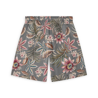 This is the back view of the shorts, featuring a rich floral pattern on a gray background. The design is detailed and vibrant, giving the shorts a bold yet elegant tropical feel.