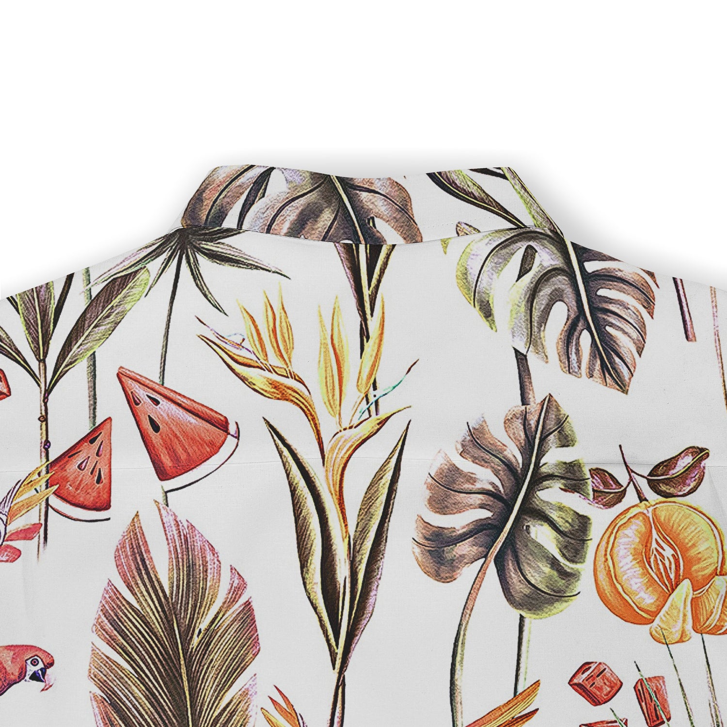 This image highlights the upper back section of the shirt, showcasing a detailed and vibrant tropical pattern with leaves, flowers, and fruit slices, adding a fresh and summery vibe to the design.