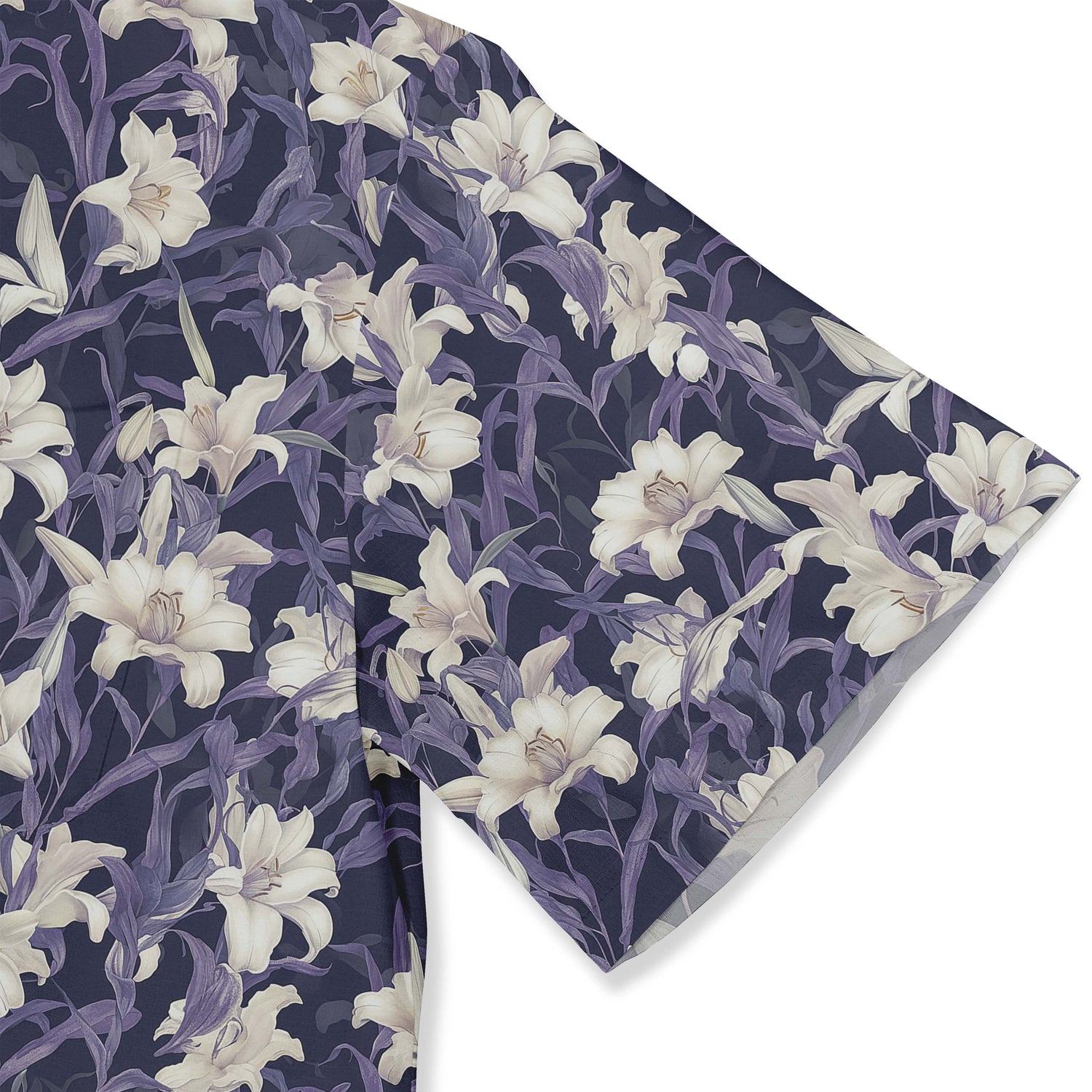 Twilight purple shirt with white lilies, exuding sophistication and grace close-up