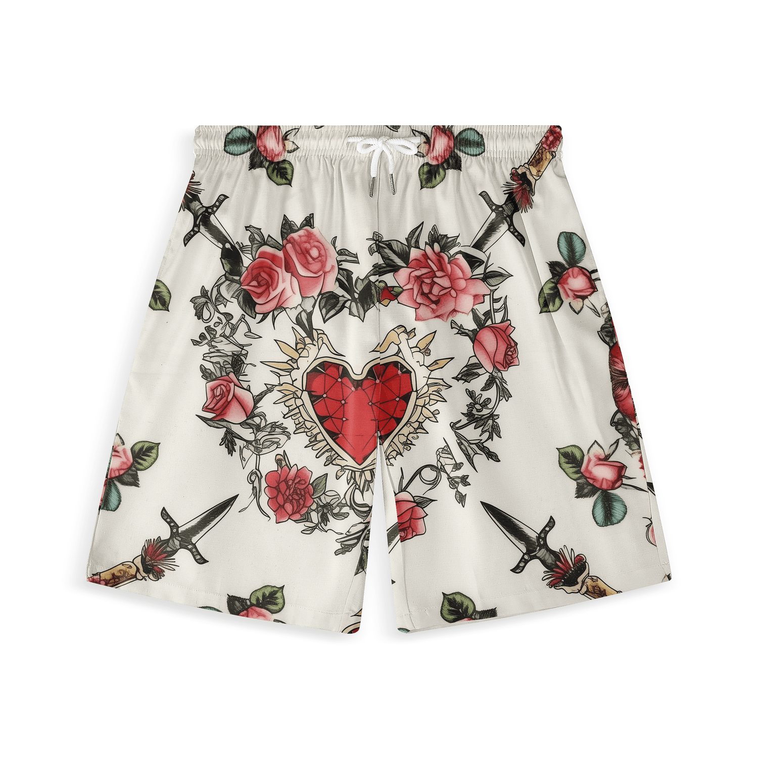 This is a pair of shorts featuring a bold design with a central heart motif surrounded by roses and swords, set against a light background. The pattern has a striking and dramatic style, combining elements of romance and edge.