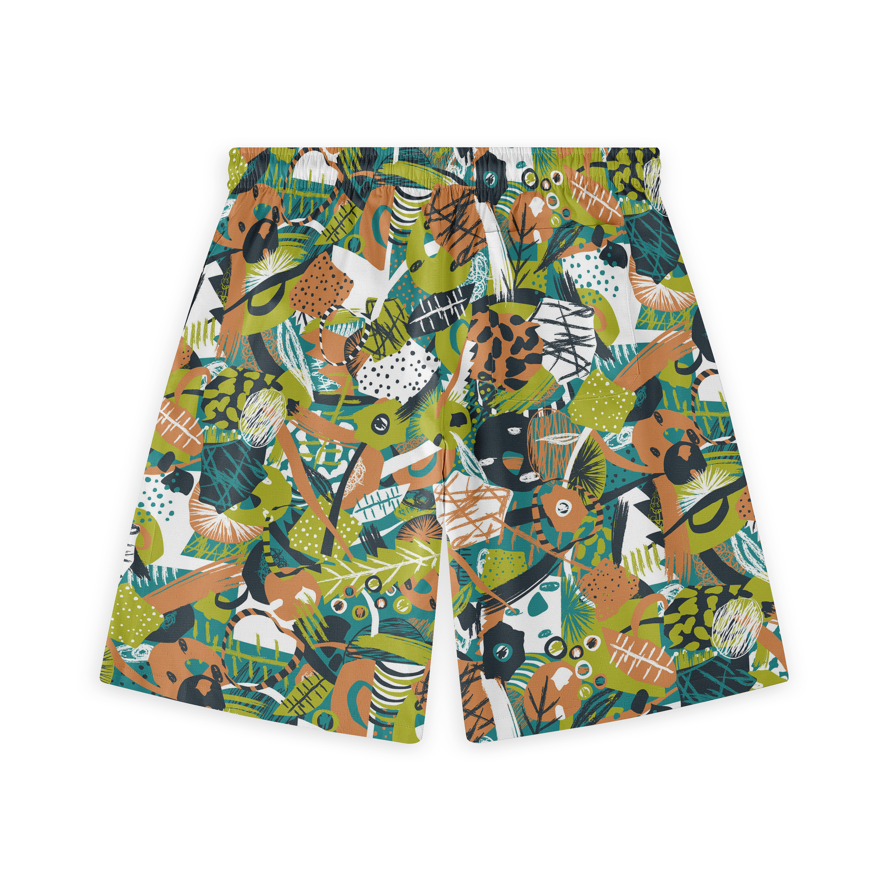 This is a close-up of the back of a pair of shorts, featuring a vibrant abstract botanical pattern in various shades of green, orange, white, and black, creating a dynamic and colorful visual effect.