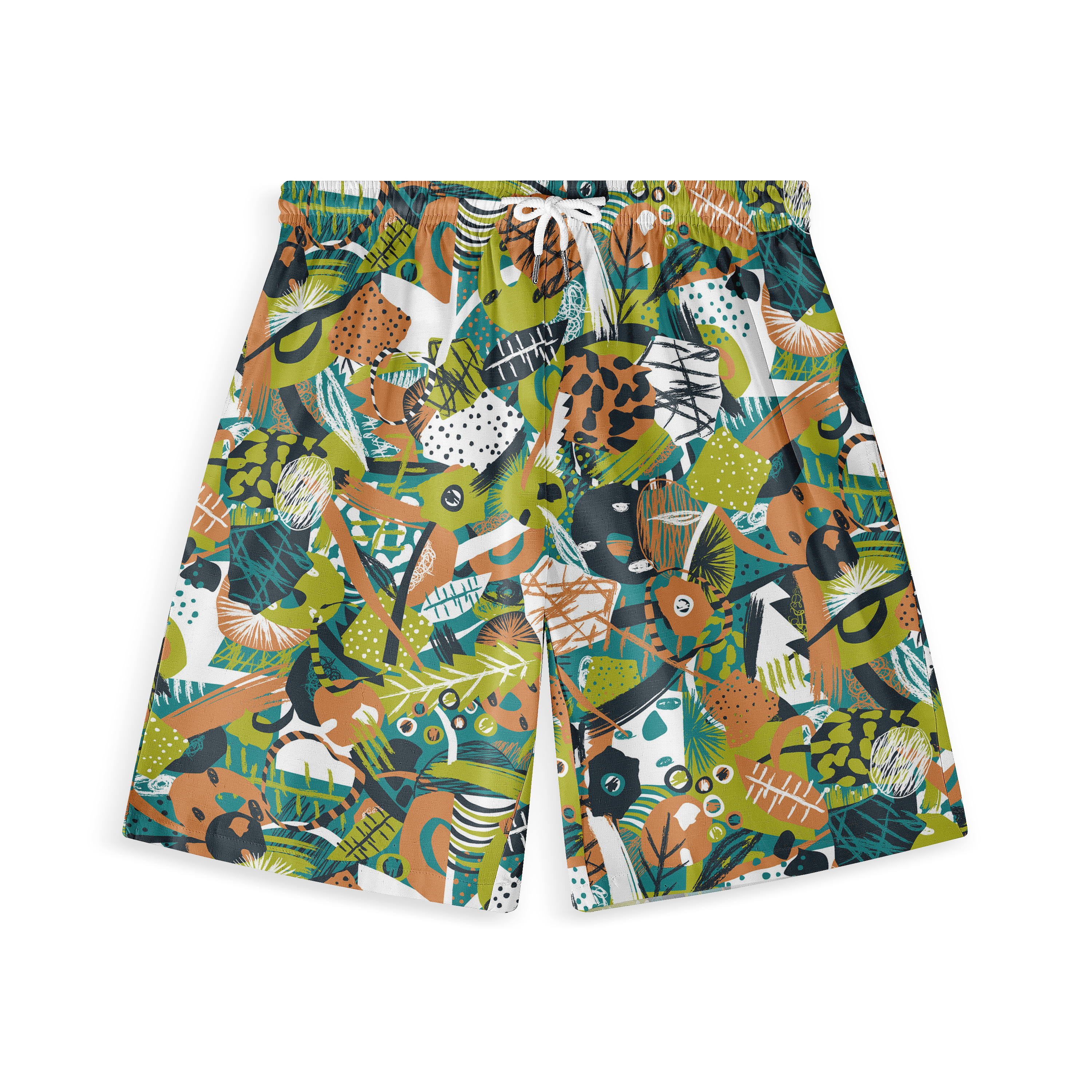 Brightly colored shorts featuring an abstract pattern with various shapes and botanical elements in green, orange, black, and white tones. The design is vibrant and full of intricate details, creating a