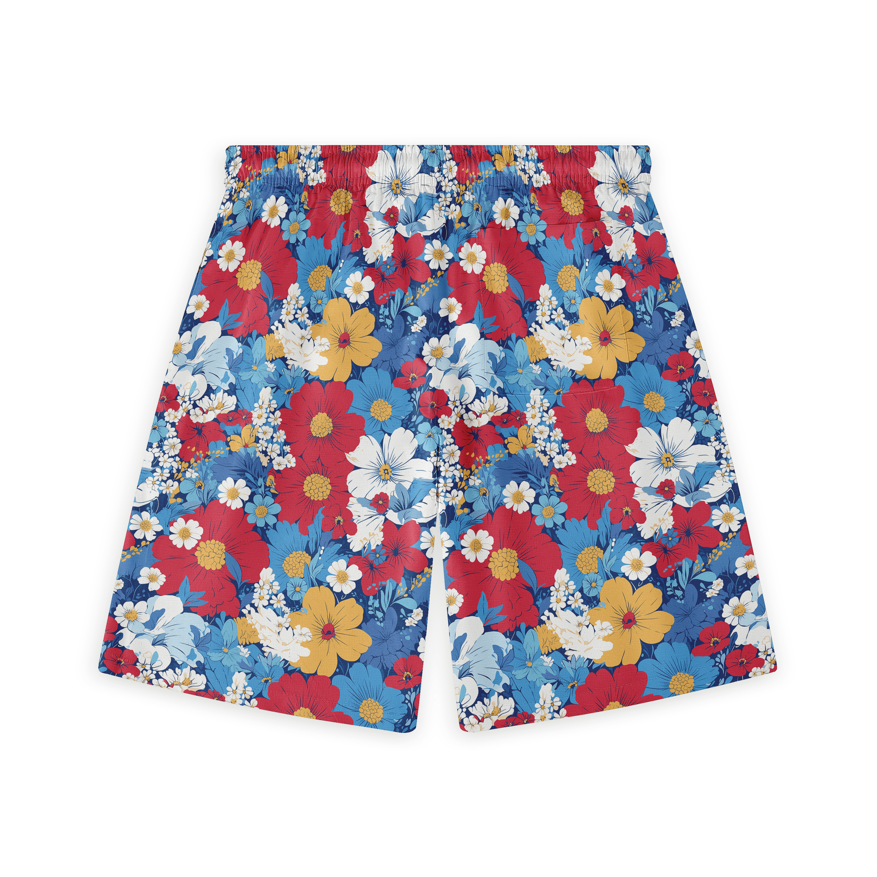 A colorful short with an array of vibrant flowers including daisies, cosmos, and hibiscus on a blue background.