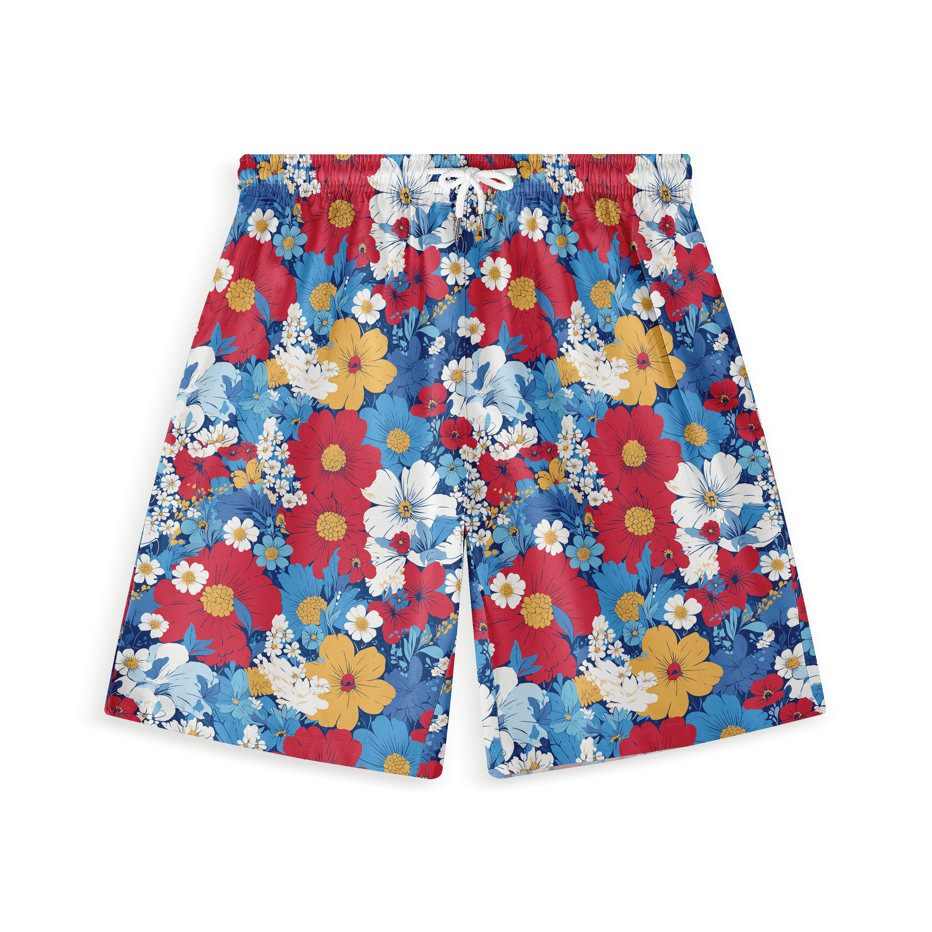 A colorful short with an array of vibrant flowers including daisies, cosmos, and hibiscus on a blue background.