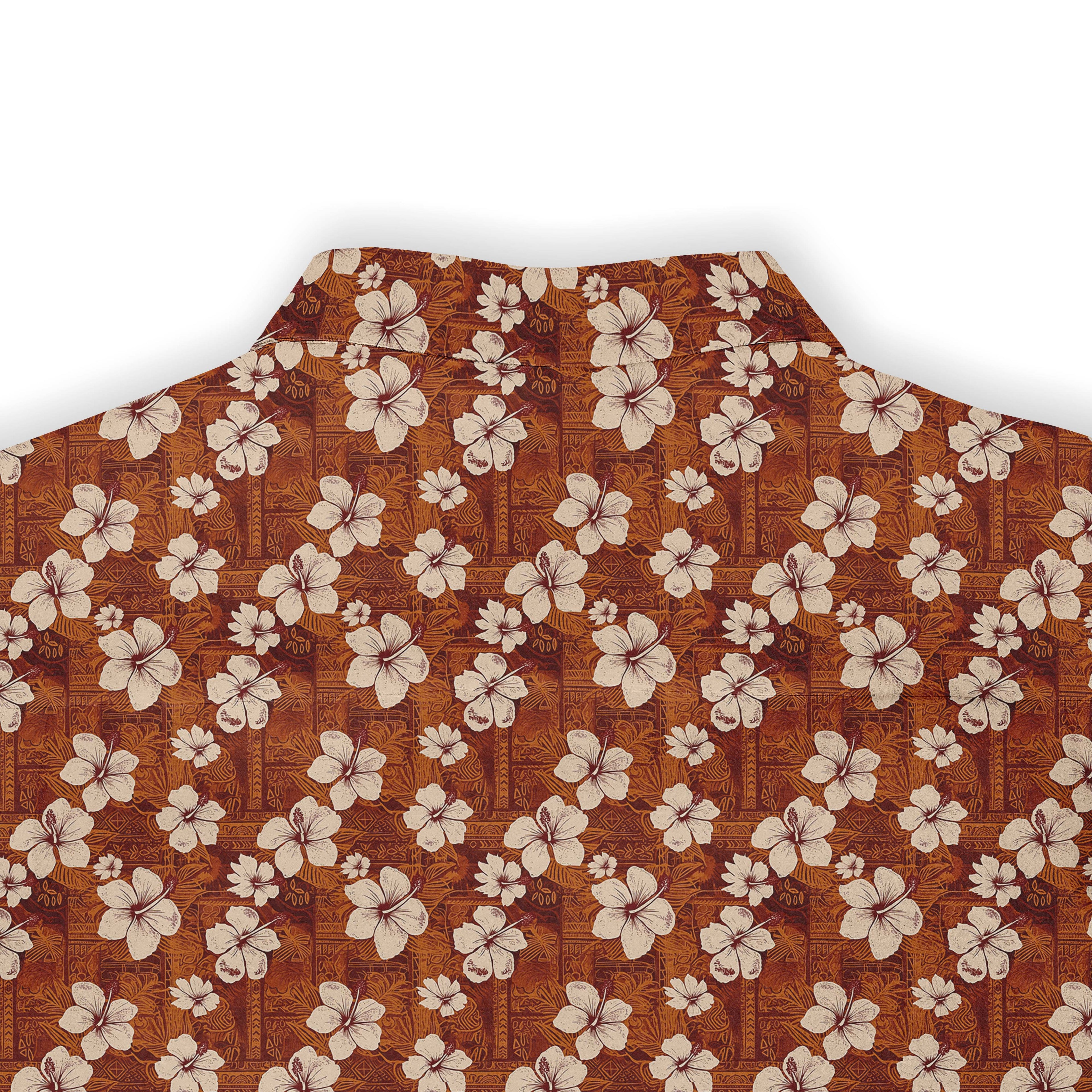 Copper shirt with white hibiscus flowers, exuding vintage elegance back view