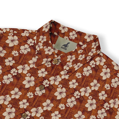 Copper shirt with white hibiscus flowers, exuding vintage elegance front view