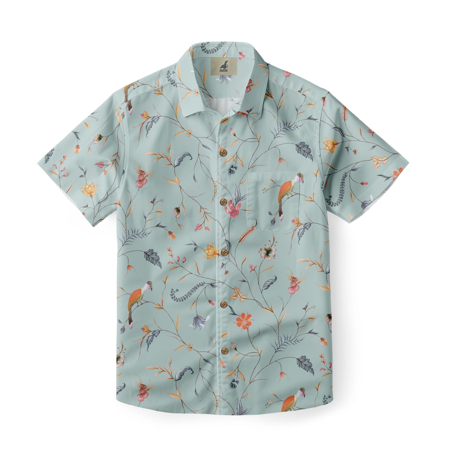 Light green shirt with a delicate floral design, featuring thin branches, colorful flowers, and small birds, creating a soft and elegant look.