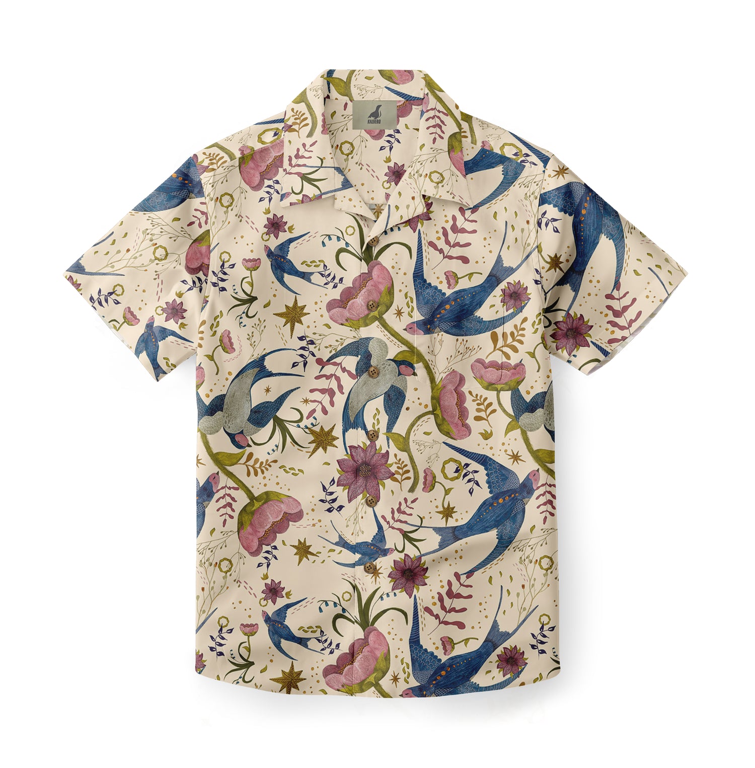 This is a short-sleeve shirt featuring a whimsical design with vibrant blue birds and pink flowers, set against a light beige background. The pattern includes various floral elements and stars, giving the shirt a playful and artistic appearance, perfect for adding a touch of creativity to any outfit.