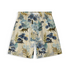 This is a close-up of a pair of shorts featuring a nature-inspired design with detailed botanical elements and leopard motifs in shades of blue, green, and beige, set against a textured, earthy background.